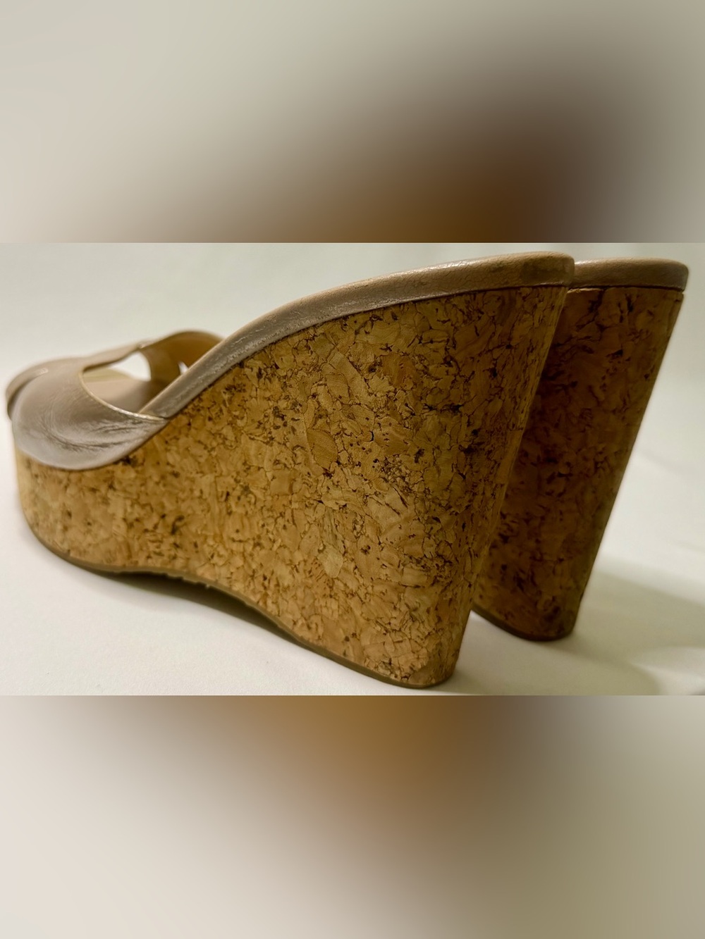 Jimmy Choo Metallic Rose Gold Leather Cork Wedge Sandals Size 38.5 - Picture 9 of 13